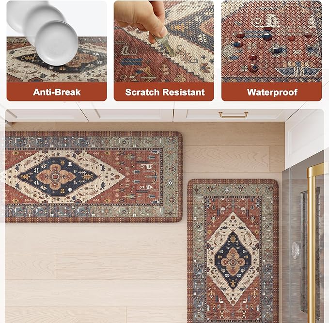 KIMODE Farmhouse Kitchen Mats,Anti Fatigue Kitchen Rugs Sets of 2, Non Slip Waterproof Kitchen Floor Mats, Ergonomic Cushioned Comfort Standing Mat for Laundry, Office, Sink,Desk,Red