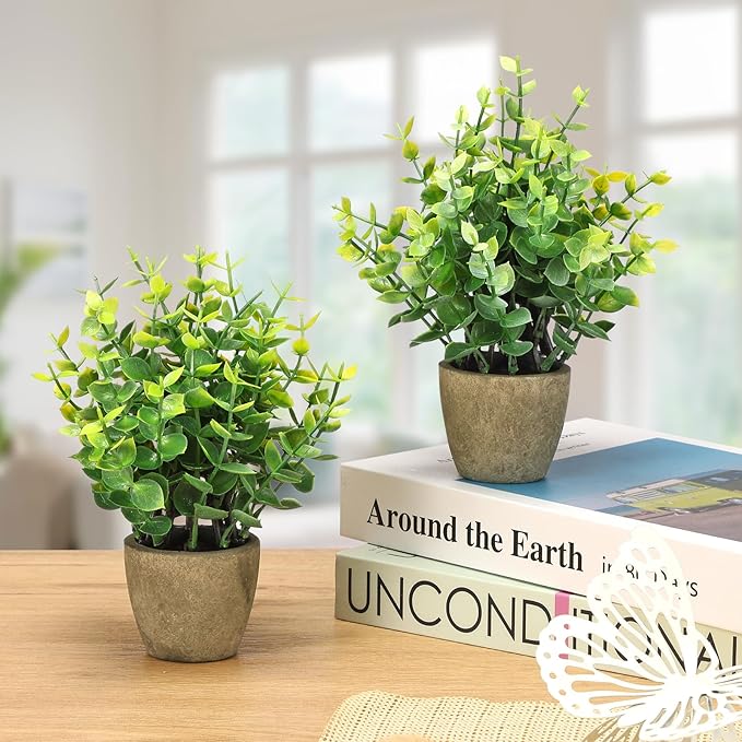 2 Pack Fake Plants Ceramic Mini Artificial Greenery Potted Plants for Home Decor Office Decor Room Decor Farmhouse Decor Indoor Table Bathroom Decor