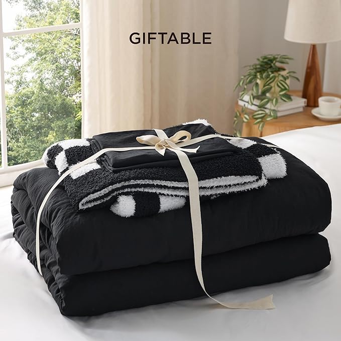 Bedsure Queen Comforter Set with Checkered Throw Blanket for Couch - 4 Pieces, 1 Black Comforter Queen Size, 2 Pillow Shams, 1 Checkered Blanket, Super Soft, Lightweight & Fluffy for Bed & Sofa