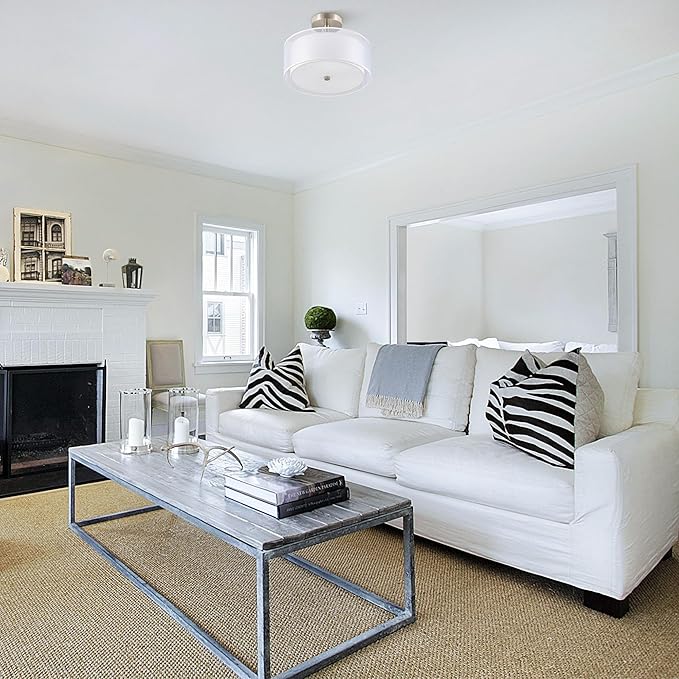 VONLUCE Semi Flush Mount Ceiling Light, 13'' Ceiling Light Fixture with 2-Layer Fabric Shade, 3-Light Modern Drum Light Fixture for Bedroom Living Room Entryway Hallway, White Shade & Nickel Finish