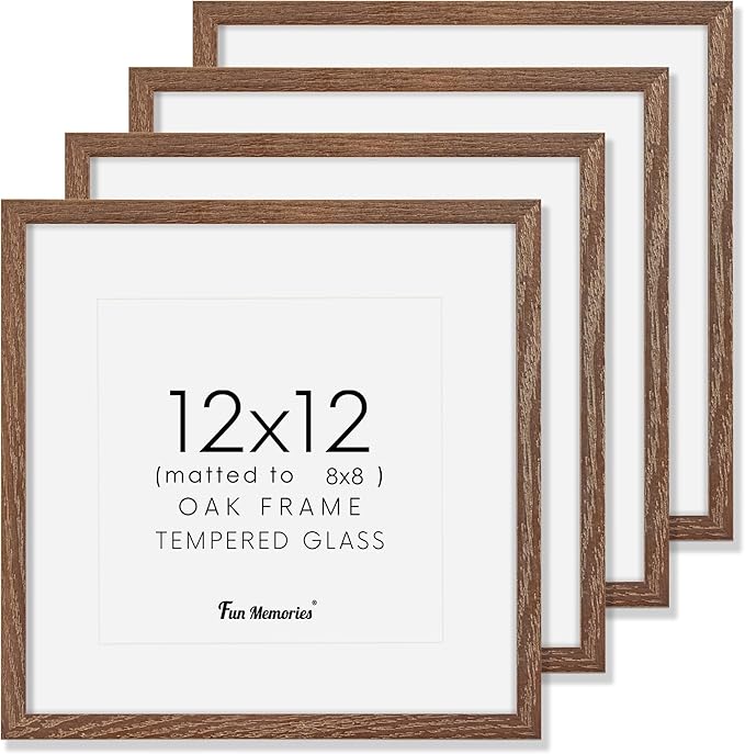 12x12 Picture Frames, Natural Oak Wood Frame 12 x 12 for Wall, 12x12 Frame Matted to 8x8, Rustic Wood Square Frame 12 by 12 with Real Glass, Walnut Color, Set of 4
