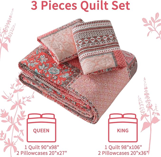 VAPUTAR Cotton Quilts Queen Size, Farmhouse Bedspreads Queen Size (90 * 98 in) - 3 Pieces Pink Lightweight Patchwork Floral Queen Quilt Bedding Set, Queen Coverlet Set Suitable for All Season