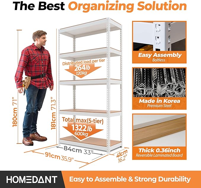 HOMEDANT 5 Tier White Storage Shelves Adjustable Laminated Boltless Garage Metal Shelving Unit Heavy Duty Utility Rack Shelf Warehouse Pantry Closet Kitchen 35.9" W x 16.2" D x 71.3" H White 10Pack