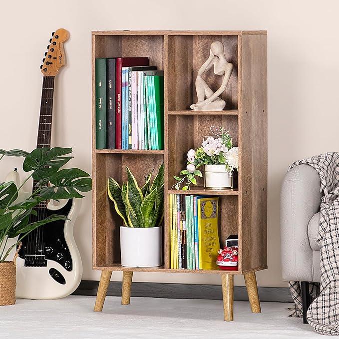 LEYAOYAO 5 Cube Small Bookshelf,3 Tier Mid-Century Bookcase with Legs,Wood Kids Bookshelves Storage Organizer Shelf,Free Standing Narrow Book Shelves,Oak Grey Corner Bookcases for Bedroom,Living Room