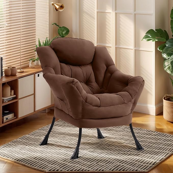 Lazy Chair for Living Room, Modern Accent Chairs with Armrests, Comfy Lounge Chair with Side Pocket, Cozy Lazy Sofa for Reading, Balcony, Bedroom, Dorm, Small Spaces (Dark Brown)