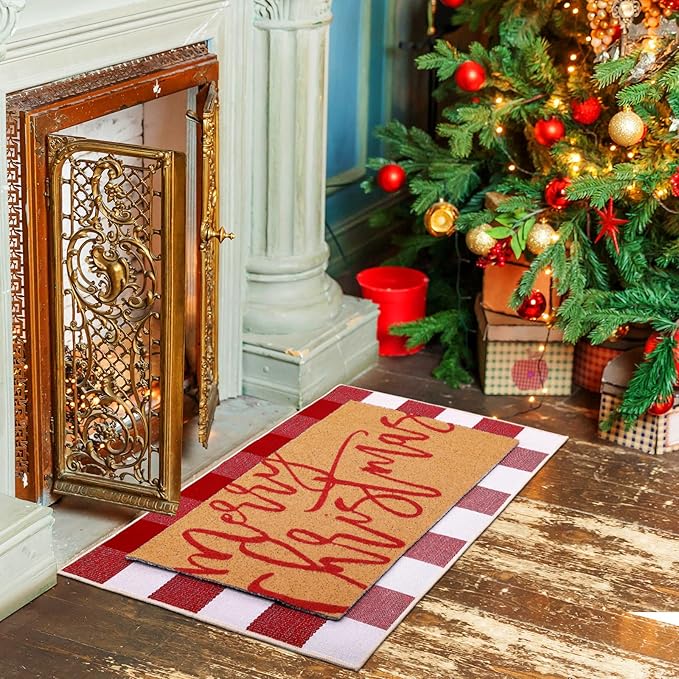 2 Pcs Christmas Door Mat Xmas Welcome Non Slip Coir Mats Merry Christmas Red White Buffalo Plaid Floor Layering Doormats Seasonal for Front Porch Entryway Decor(Red White Buffalo)