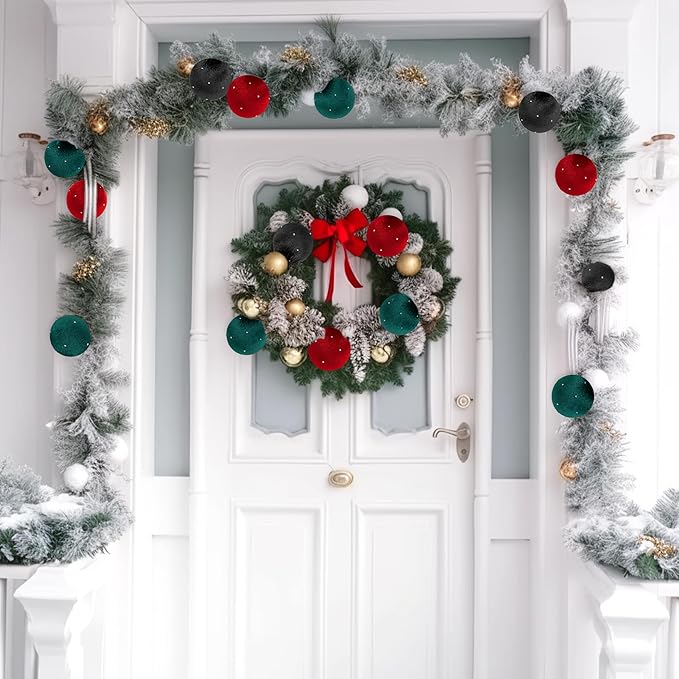 Christmas Tree Ornaments Set Velvet Balls, 15pcs Shatterproof Christmas Bulbs Ornaments for Xmas Tree Decorative Hanging, Vintage Flocked Decoration, 58mm, 2.3in, Multicolor Green Red Black