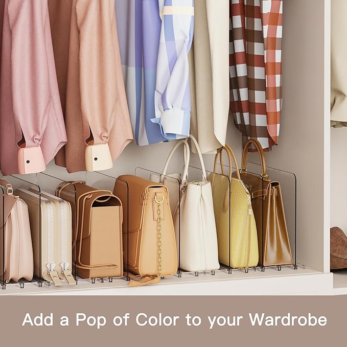 Criusia Adjustable Closet Purse Organizer Rack – 28.8" Extra-Long Shelf Divider with 6 Base Panels & 8 Dividers – Non-Slip Handbag Holder for Bags, Clothes, Kitchen, Office