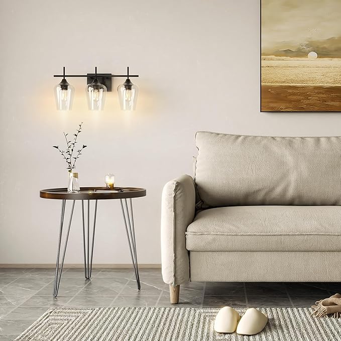 VONLUCE Bathroom Vanity Light, 3 Light Bathroom Light Fixture Over Mirror, Bathroom Wall Lamp with Clear Glass, Modern Black Vanity Lighting fixtures for Bathroom, Bedroom, Hallway