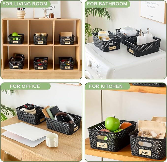 Small Plastic Twill Woven Storage Baskets, Stackable Organizing Containers with Labels for Pantry Office Kitchen, 6-Pack, Black