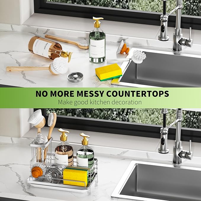 Cisily Stainless Steel Kitchen Sink Caddy Organizer, Sponge Holder for Sink Rustproof, Non-Slip Soap Dish Dispenser Brush Holder Storage, Home & Kitchen Essentials Accessories