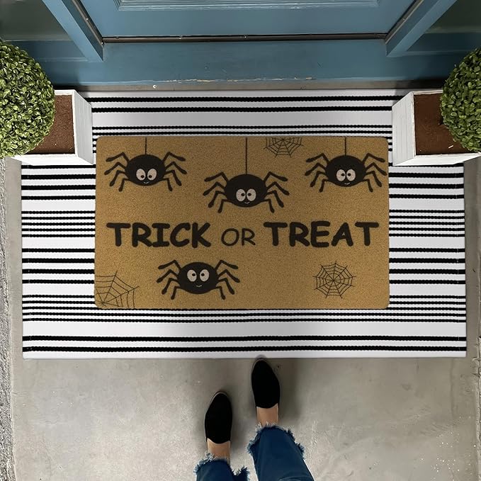 OJIA Black and White Outdoor Rug 2'x4.3', Fall Door Mats Outdoor Cotton Woven Halloween Doormat Front Porch Rug Machine Washable Indoor Door Mat Entryway Striped Rugs for Farmhouse/Kitchen