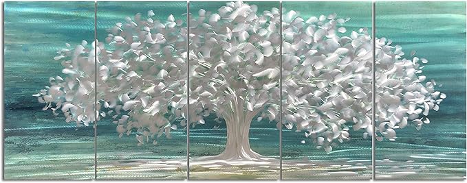 Yihui Arts Tree Of Life Metal Wall Art Handcrafted Aluminum Artwork Teal and Silver Abstract Nature Pictures in 5 Pieces for Living Room Bedroom Bathroom Decor