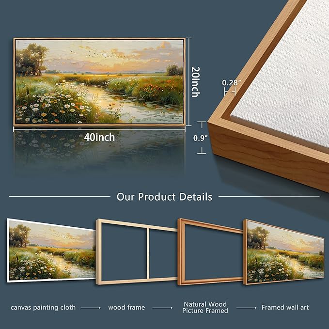 ZUITINGHUA Wood Framed Canvas Wall Art For Living Room Wall Decor For Bedroom Office Wall Decoration Pastoral Scenery Painting Water edge Pictures Artwork Room Aesthetic Home Decor 20x40 In