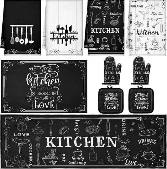 10 Pcs Farmhouse Kitchen Decor Sets, 4 Kitchen Dish Towels 2 Pot Holders 2 Oven Mitts Glove Rustic Black Non Slip Rugs and Mats for Floor Home Decorations Accessories Christmas Mom Gifts