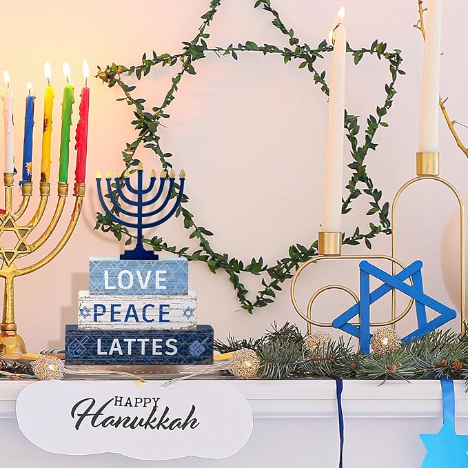 Geelin 4 Pcs Hanukkah Decorations for Home 3 Layered Wood Block with Dreidel Star of David Menorah Hanukkah Decor Blue and White Jewish Judaism Chanukah Decor for Mantel Tabletop Party