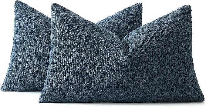 MIULEE 12x20 Inch Decorative Lumbar Throw Pillows for Bed Set of 2 Textured Boucle Neutral Throw Pillow Covers Dark Blue Accent Solid Pillowcase Cozy Soft Sofa Livingroom Home Decor