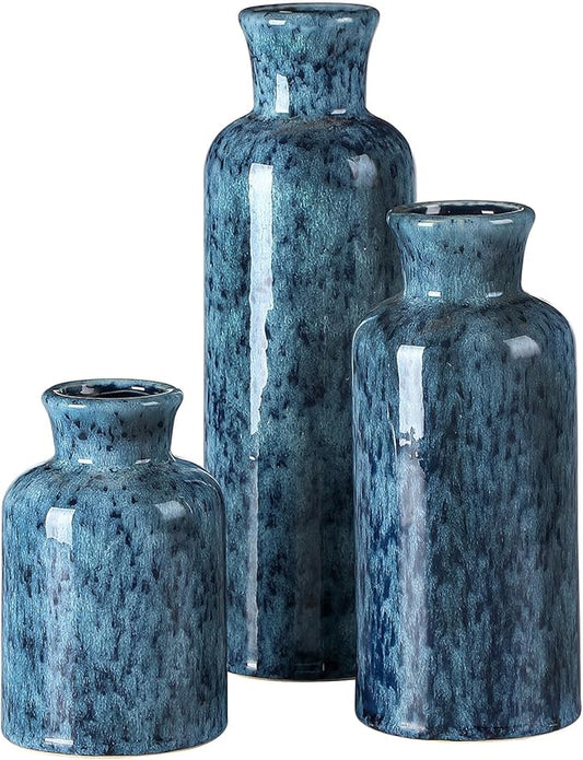 CwlwGO-Blue Ceramic Vases Set,Small Vase Sets,Farmhouse Country Vases Home Decor,Living Room Table Decoration,Shelf Decor,and Entrance Decoration Centerpieces.