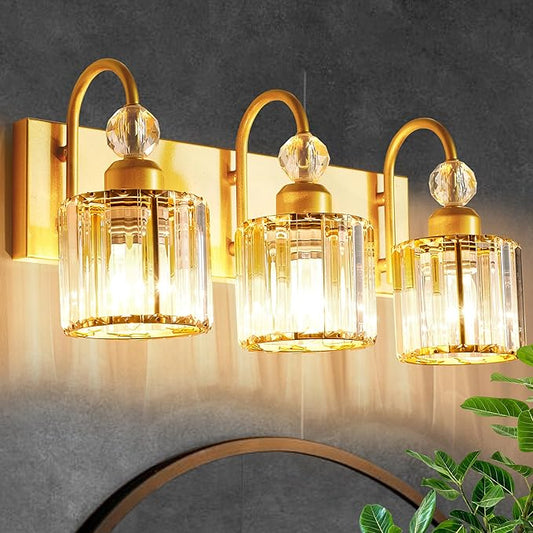 Bathroom Vanity Light Fixtures Over Mirror - Makeup Lighting Pure Gold - for Modern Wall, Bath, Desk, Farmhouse, Hallway 3 Crystal Lights