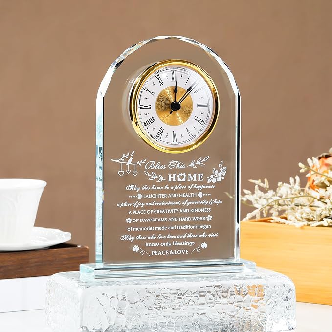 YWHL House Warming Gifts New Home Crystal Glass Clock Housewarming Gifts for Women Men Best Housewarming Gift Ideas Home for Couple Presents House Blessing Warming Gifts New Apartment