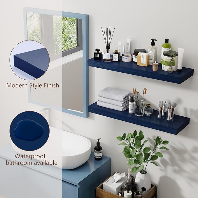Dark Blue Floating Shelves 24 Inch, Solid Wooden Wall Shelves Set of 2, Rustic Floating Wall Shelves for Decor & Storage for Living Room Bedroom Bathroom