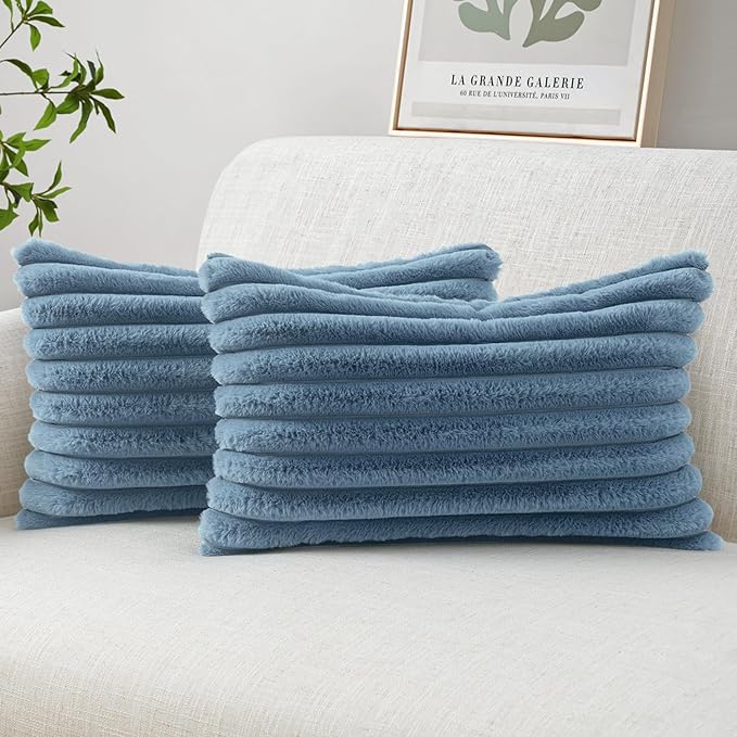MIULEE Faux Fur Lumbar Decorative Throw Pillow Covers 12x20 Inch Set of 2, Coastal Modern Art Home Decor Soft Plush Couch Pillows Cozy Fluffy Cushion Covers for Sofa Bed Grey Blue