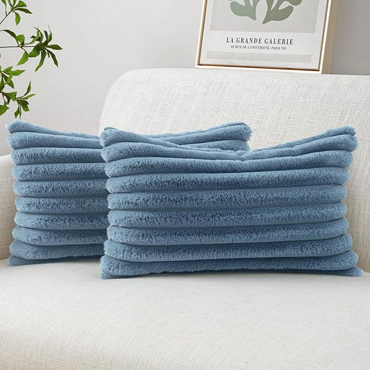 MIULEE Faux Fur Lumbar Decorative Throw Pillow Covers 12x20 Inch Set of 2, Coastal Modern Art Home Decor Soft Plush Couch Pillows Cozy Fluffy Cushion Covers for Sofa Bed Grey Blue