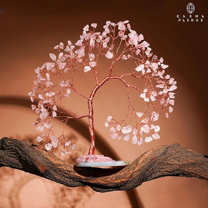 Rose Quartz Healing Crystal Tree of Life for Home and Office Decor, Positive Energy, Wealth, Good Luck, Reiki Healing Crystals and Stones, Handmade Feng Shui Decoration, Birthday Gifts for Women