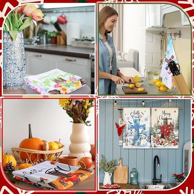 12 Pcs Seasonal Kitchen Towels Set for All Holidays Hand Dish Tea Towels Fall Halloween Christmas Cute Drying Dishcloths Decorative Absorbent Wash Cloths(Cross Style,Vivid Color)