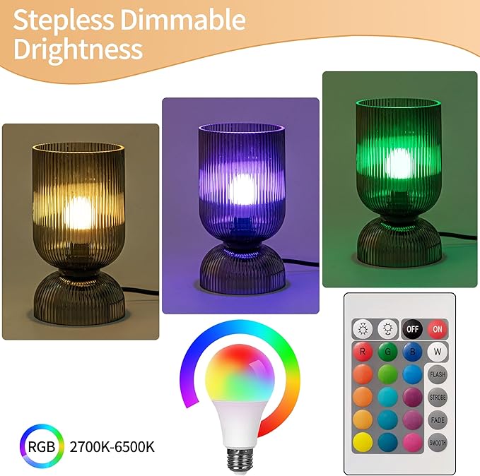 Modern RGB Glass Table Lamp with Remote,Color Changing Bedside Lamp with Ribbed Glass Shade, 16 Colors, On/Off Cord Switch, Nightstand Lamp for Bedroom, Living Room, Office, Bulb Included