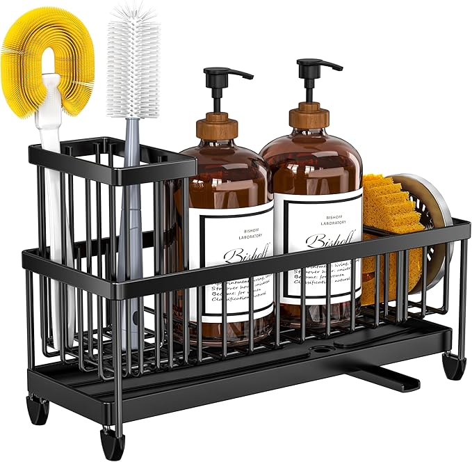 Cisily Extra Large Black Sponge Holder for Kitchen Sink, Sink Caddy Organizer with High Brush Holder, Kitchen Countertop Organizers and Storage Essentials, Rustproof 304 Stainless Steel