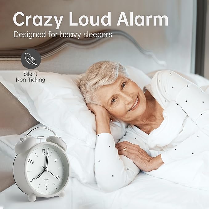 Twin Bell Loud Alarm Analog Alarm Clock, 4 inch Super Silent Non Ticking Small Clock with Night Light, Battery Operated, Simple Design, Old Fashioned, for Heavy Sleeper, Bedroom, Bedside, Desk, White