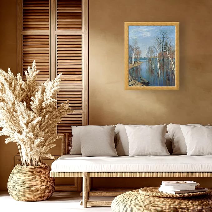 Brivoria Framed Canvas Wall Art Vintage Decor, Realistic Spring Art Print with Mat of Birch Trees Still Water and Cool Light for Living Room Statement Wall or Nature-Inspired Display, 16"x20"