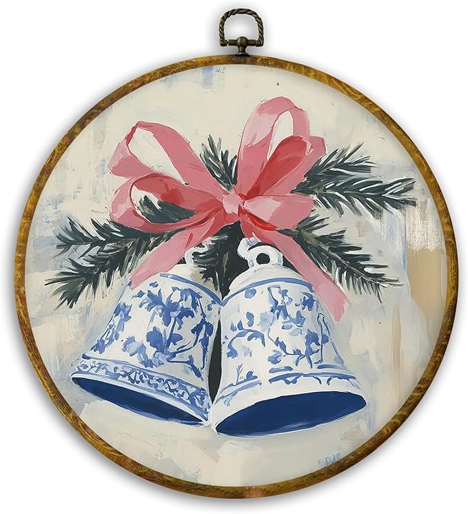 CUANFDDSF Chinoiserie Christmas Bells Round Wall Art Decor, Vintage Christmas Bells Wall Hanging Frame Decor, Grand Millenial Xmas Holiday Canvas Prints Decorations for Home Bedroom, 10x10 Inch