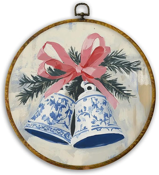 CUANFDDSF Chinoiserie Christmas Bells Round Wall Art Decor, Vintage Christmas Bells Wall Hanging Frame Decor, Grand Millenial Xmas Holiday Canvas Prints Decorations for Home Bedroom, 10x10 Inch
