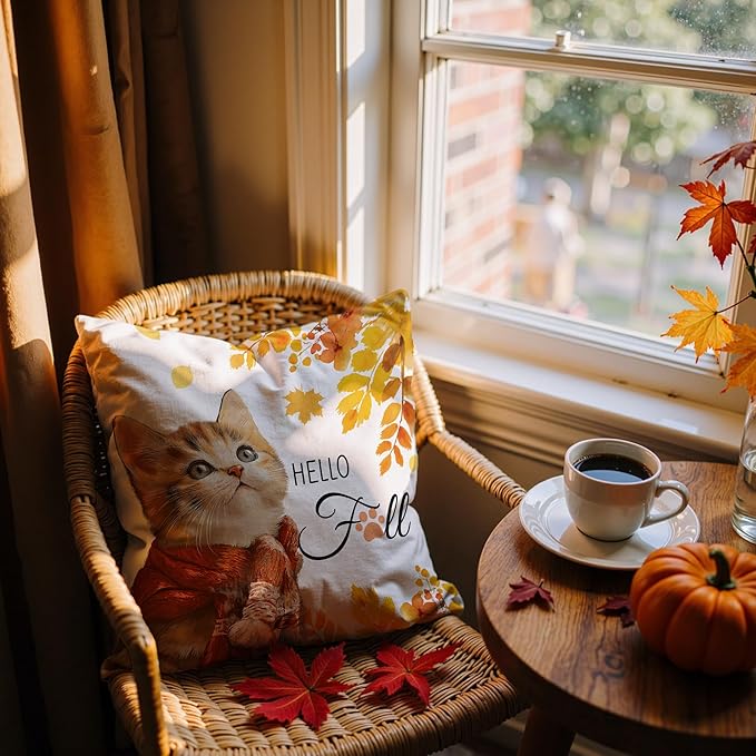 Fall Cat Pillow Covers 18x18, Cat Home Room Decor, Fall Autumn Maple Leaves Cute Kitty Kitten Decorative Throw Pillow Covers for Home Bedroom Living Room