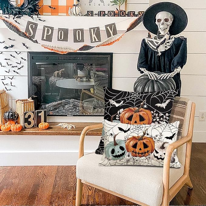 Baccessor Halloween Pillow Cover 12x20 Inch, Pumpkins Bats Spider Web Lumbar Pillow Case Halloween Decor for Cushion Sofa Couch Indoor Outdoor Decoration 1 Piece