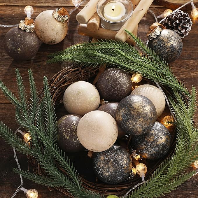 12 Pcs Neutral Textured Christmas Ball Ornaments 2.36'' Vintage Christmas Tree Decor Modern Rustic Brown Ornaments with Loop Shatterproof Hanging Ball for Xmas Farmhouse Decor (Vintage Copper)