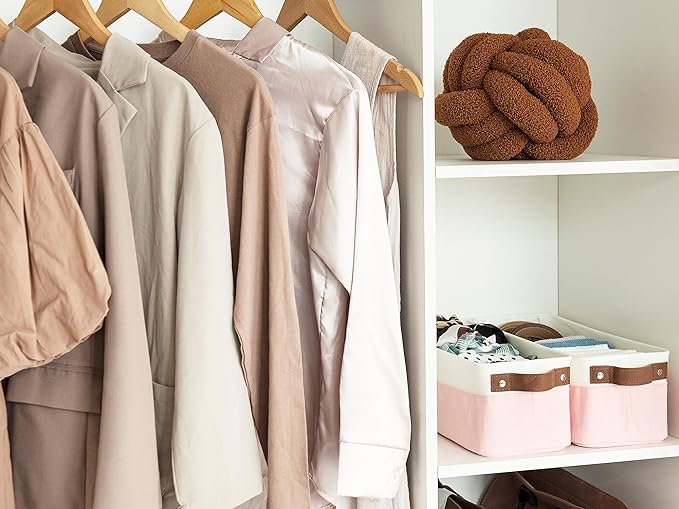 StorageWorks Narrow Storage Bins, Small Basket for Closet and Shelves, Fabric Organizer with Handles, Toilet Paper Storage, Pink and White, 2-Pack