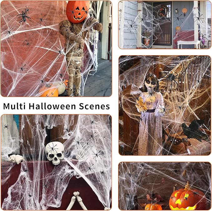 1000 Sqft Halloween Spider Web Decorations with 100 Fake Spiders Spooky Spider Webbing Decorations Indoor Outdoor Party Yard Decor Supplies for Bar Haunted House