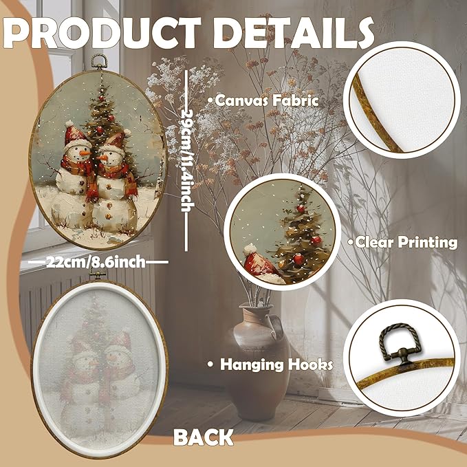 CUANFDDSF Vintage Christmas Snowman Oval Wall Art Decor, Farmhouse Rustic Winter Xmas Snowman Wall Hanging Decor, Retro Christmas Framed Canvas Prints for Home Bedroom Living Room, 8.6x11.4 Inch