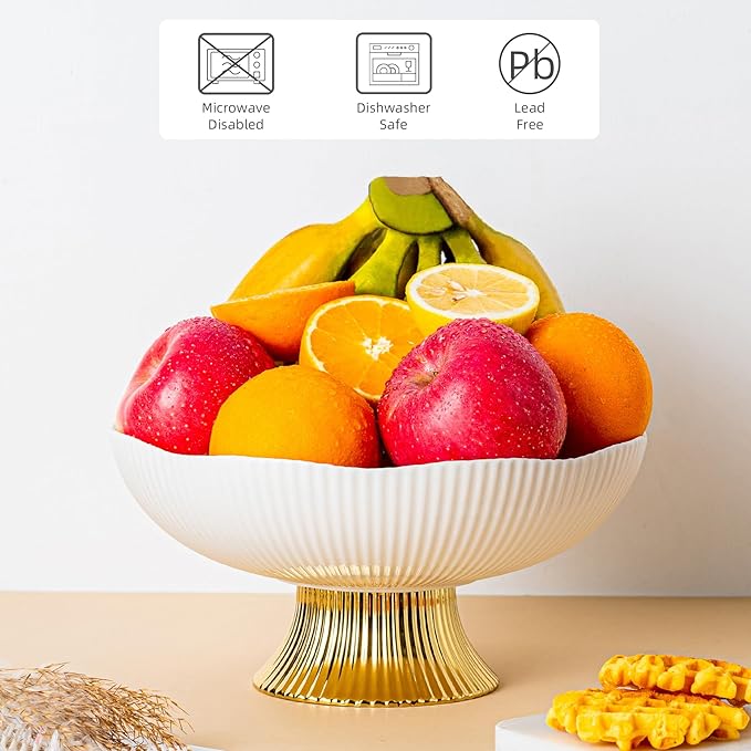 Ceramic Fruit Bowl,10” Pedestal Bowl, Decorated Fruit Tray for Kitchen Counter and Dining Table, Footed Bowls for Afternoon Tea Parties, Bread and Salad Bowl with Golden Feet. (white)