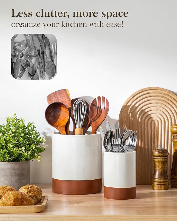 MALACASA Utensil Holder, 7.3"+5.5" Ceramic Kitchen Utensil Holder for Countertop, Large Cooking Utensil Crocks for Kitchen Counter, Farmhouse Utensils Organizer, Set of 2, Khaki White, Series TARA