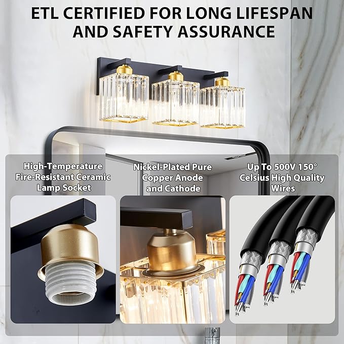 Bathroom Vanity Light Fixtures Over Mirror - Makeup Lighting Black Gold - for Modern Wall, Bath, Desk, Farmhouse, Hallway 3 Crystal Lights