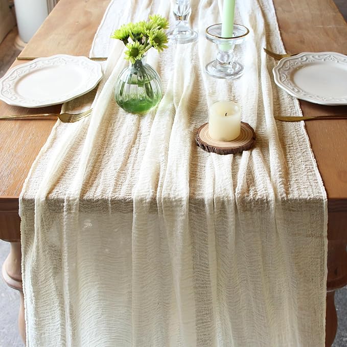 FEXIA 3 Pack Beige Table Runner 30x118 Inches Ivory Cheesecloth Rustic Boho Gauze for Wedding Baby Shower Bridal Shower First Communion Home Decorations