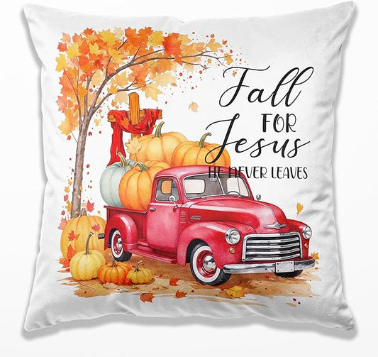 Christian Fall Pillow Covers 18x18, Farmhouse Autumn Decor, Fall for Jesus He Never Leaves Autumn Maple Leaf Pumpkin Pickup Truck Decorative Throw Pillow Covers for Home Bedroom Living Room