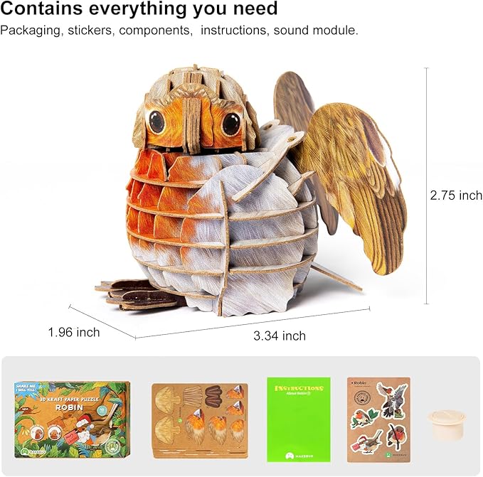 Robin Bird 3D Puzzle with Sounds, Made of 41 Paper Puzzle Pieces, Animal Collectible Table Art Gift Toys for Tweens, Teens & Adults