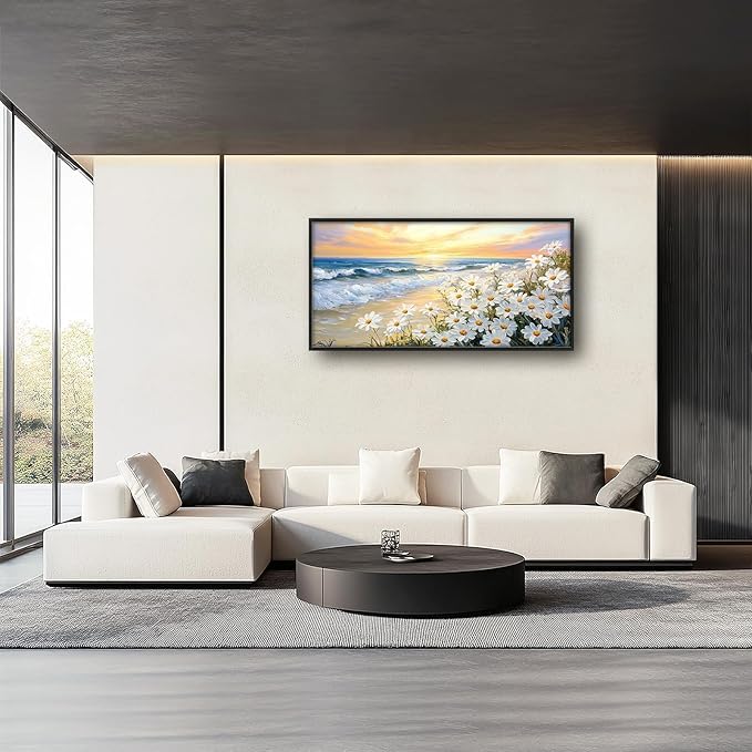 Large Beach Daisy Wall Art, Framed Coastal Beach Wall Decor for Living Room, Oversized Sunrise Canvas Painting Seascape Pictures Home Decoration for Living Room Bedroom Office 60"x30"