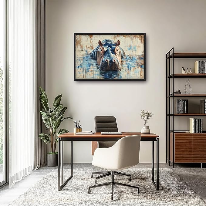 Extra Large Framed Abstract Hippo Wall Art,Oversized African Hippopotamus Wild Animal Wall Decor,Vintage Pictures for Living Room,Canvas Print Painting Modern Artwork Bedroom Office Bathroom 36L x24W
