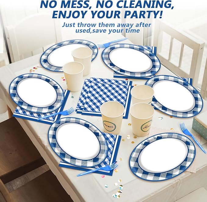 Gingham Oval Paper Plates 11inch Blue and White Checkered Plates and Napkins, Blue and White Plaid Birthday Tableware Outdoor for BBQ Gathering Picnic Blue Boys Theme Party Supplies, 25 Guest